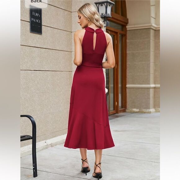 JASAMBAC Elegant Criss Cross Halter Neck Ruffle Hem Belted Bodycon Dress - Picture 3 of 14